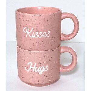 Stackable Coffee Mugs Hugs Kisses Pink Speckled Ceramic Valentines Love Tea Mugs